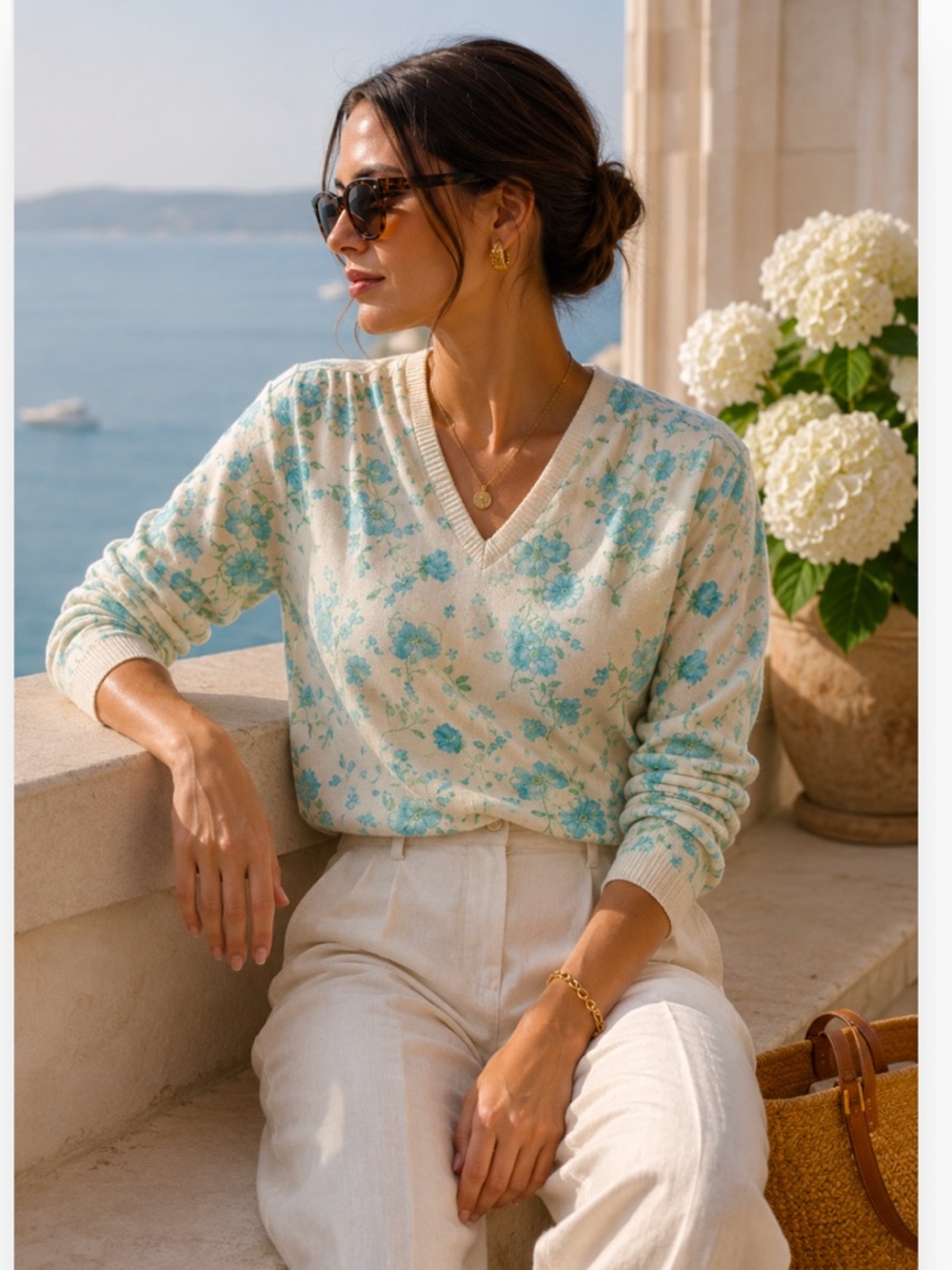 Vintage Givenchy Sport Paris Floral Qiana Knit Sweater Cream Aqua Womens L 8 10